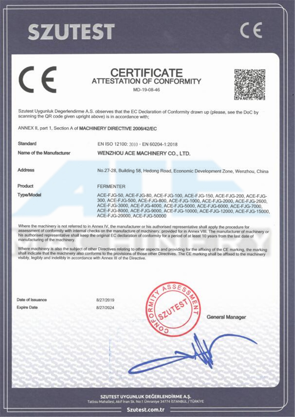 Certificado CE del fermentador