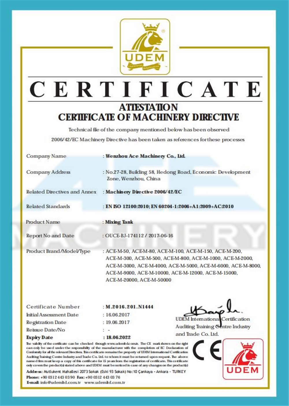 Mixing  tank CE certificate