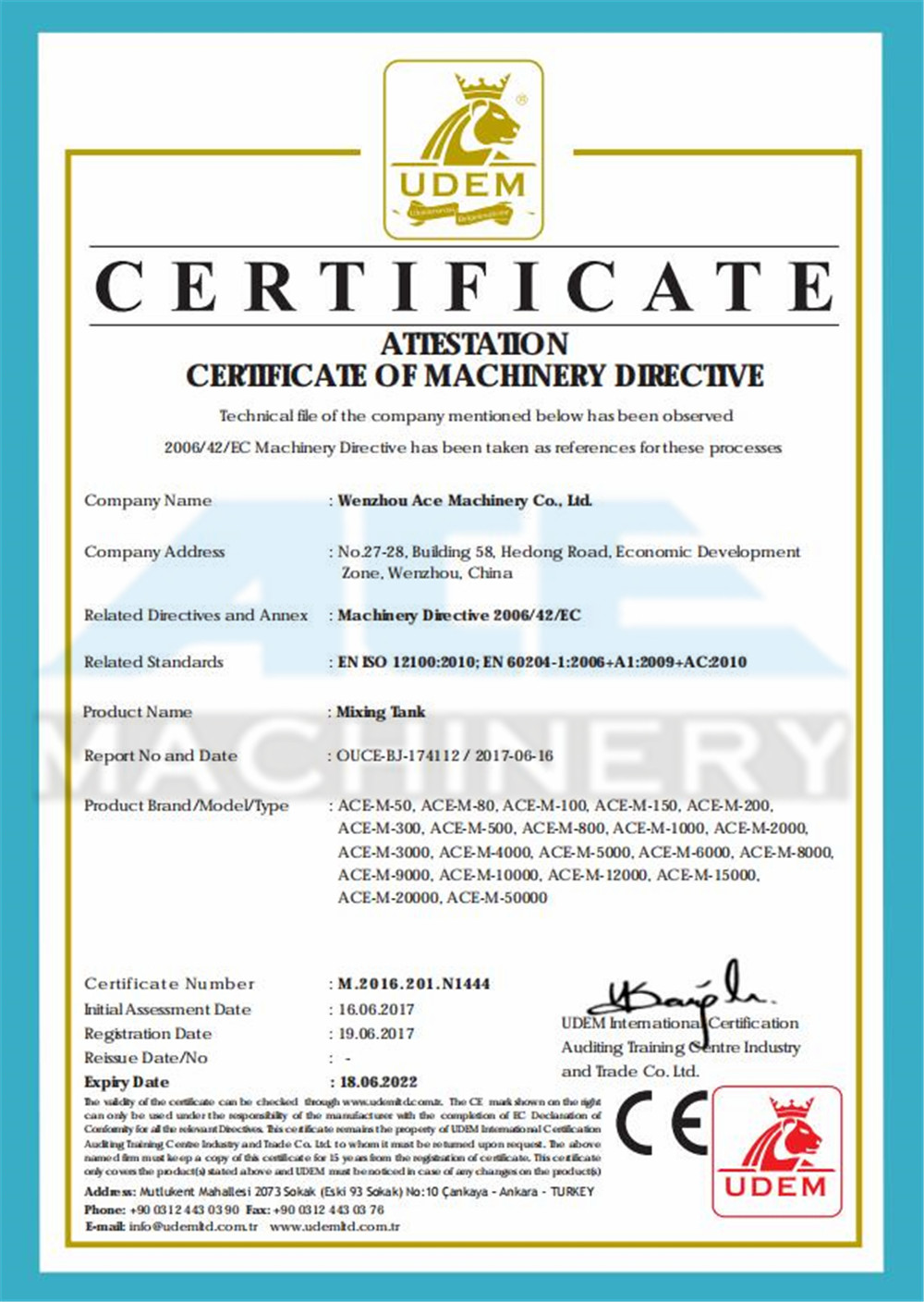 Mixing  tank CE certificate