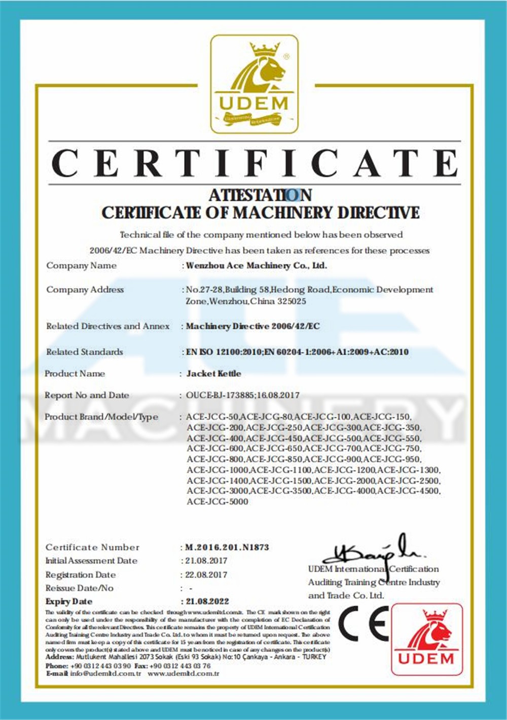 Jacketed kettle CE certificate